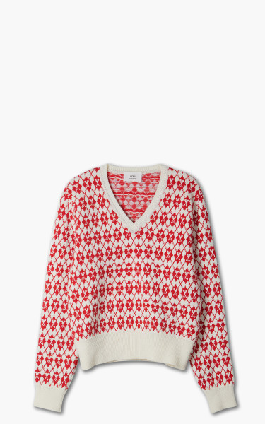 AMI Paris Jacquard V-Neck Sweater Off White/Red