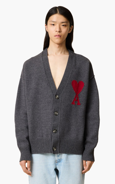 AMI Paris Red ADC Cardigan Heather Grey