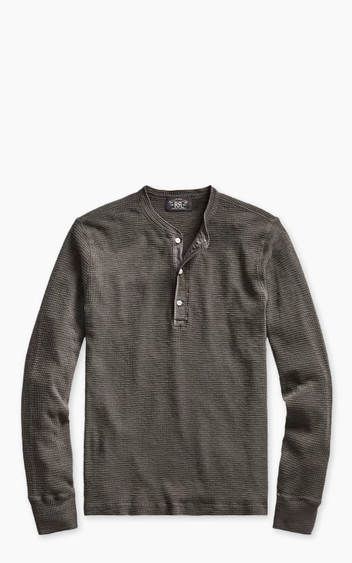 RRL Waffle-Knit L/S Cotton Henley Shirt Faded Black Canvas