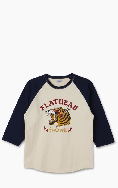 The Flat Head FN-TSRB-002 Raglan Qaurter Sleeve Tiger T-Shirt Ivory/Navy