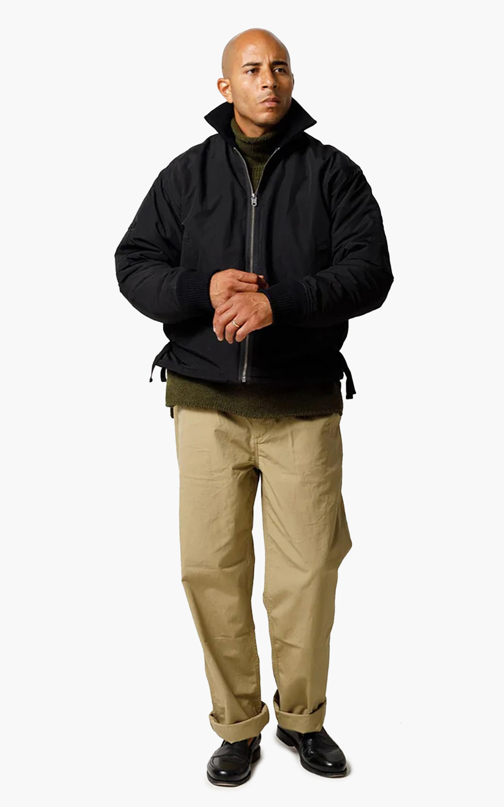 Khaki pants and black jacket clearance