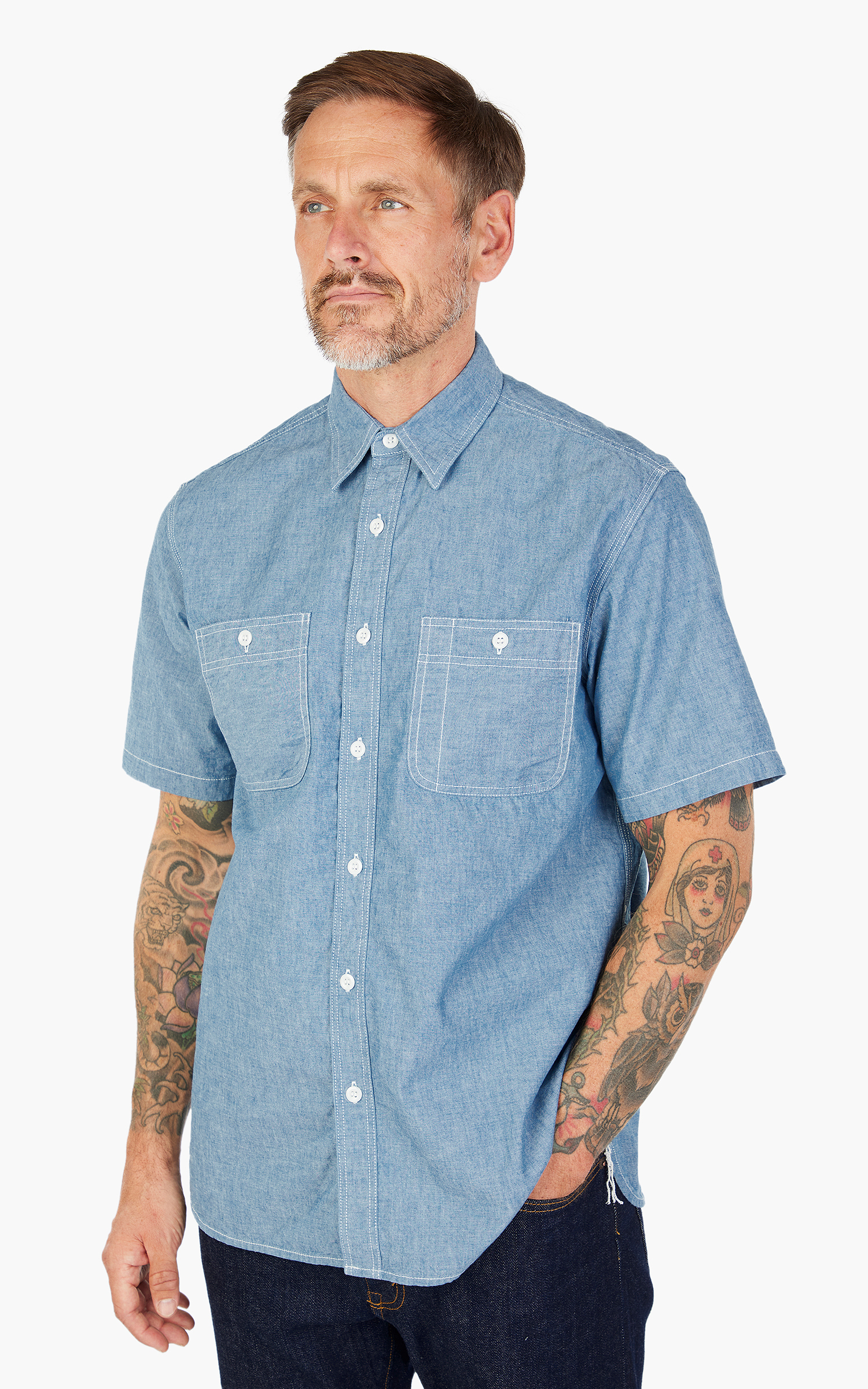 Beams Plus Short Sleeve Work Shirt Selvedge Chambray Sax