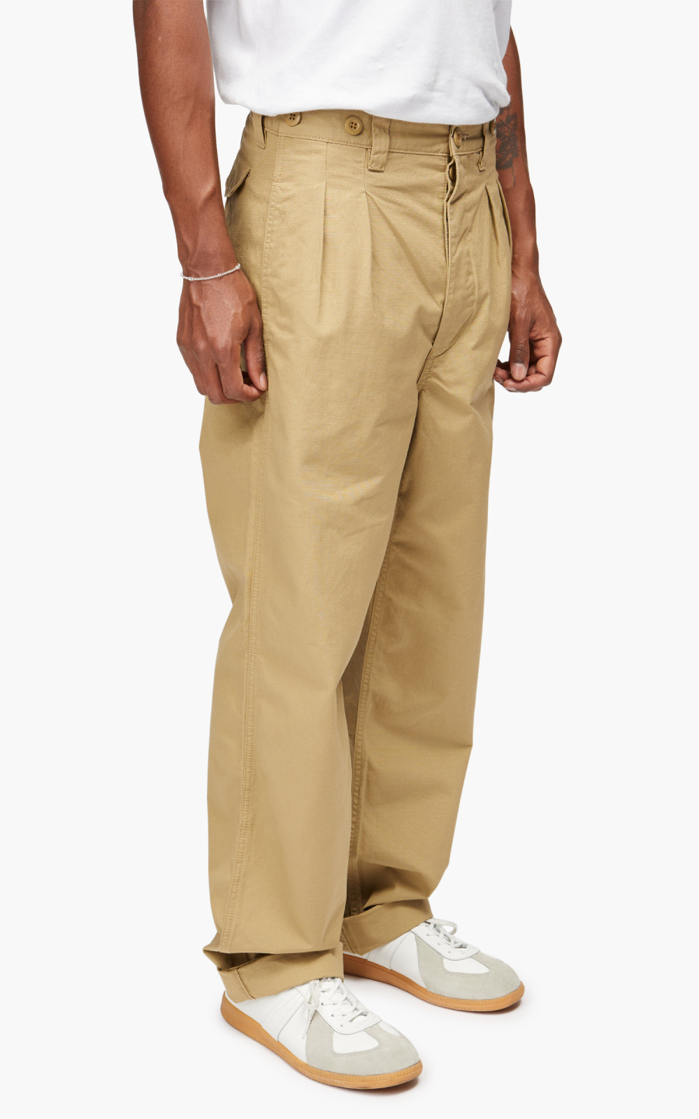 Nigel Cabourn Pleated Chino Cotton Ripstop Tan | Cultizm
