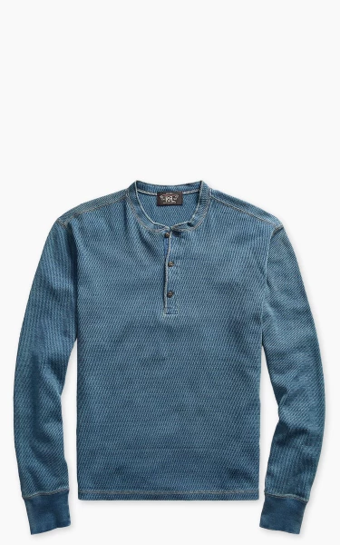 RRL Indigo Jacquard-Knit L/S Henley Washed Blue Indigo