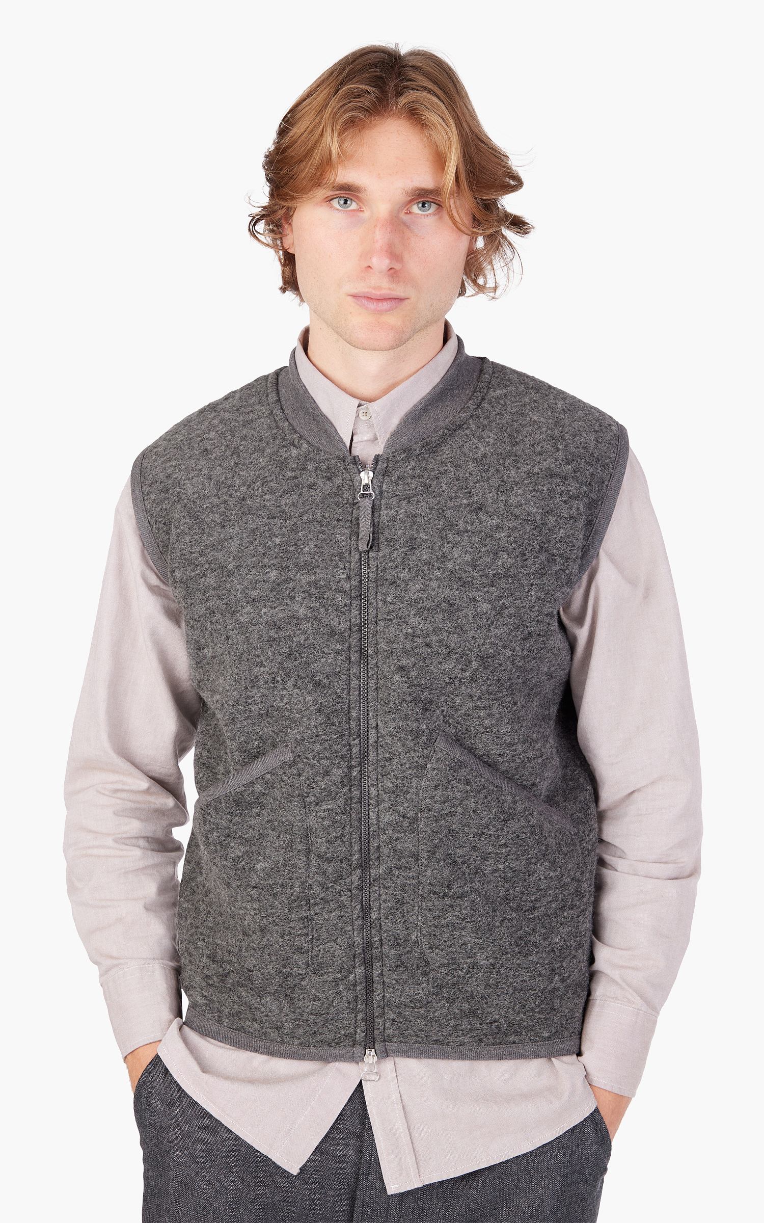 Universal Works Zip Waistcoat Wool Fleece Grey Marl