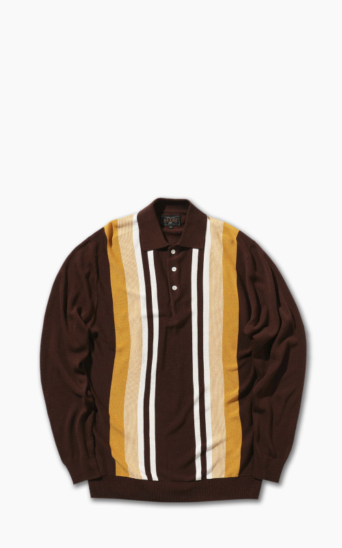 Beams Plus Knit 12-Gauge Striped Polo Shirt Brown