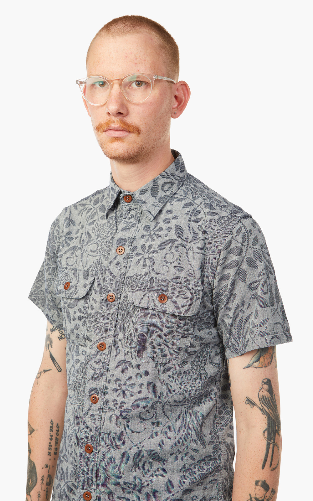 Momotaro Jeans 06-113 Flower Jacquard Shirt Indigo | Cultizm