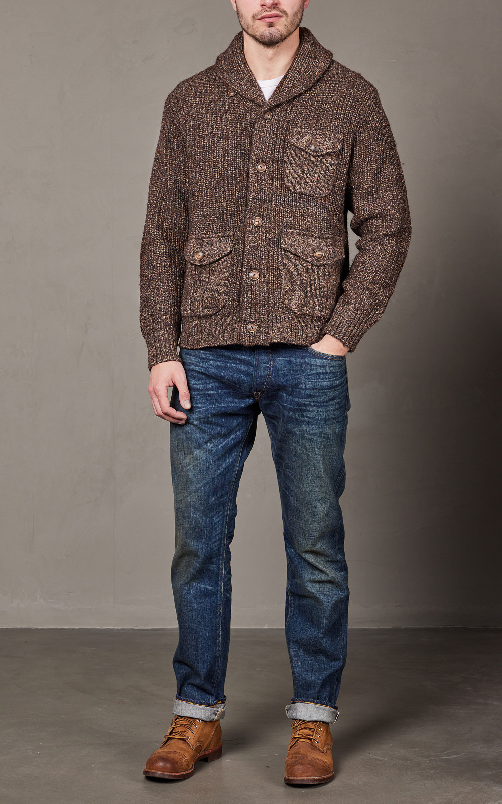 RRL Suede-Trim Marled Shawl Cardigan Brown Tan Marl | Cultizm RRL Suede-Trim Marled Shawl Cardigan Brown Tan Marl | Cultizm