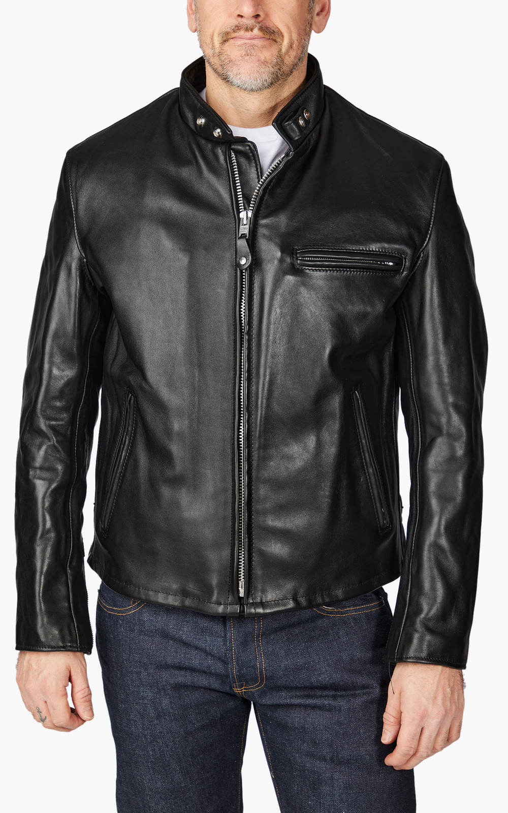 Schott NYC 141 Classic Cafe Racer Leather Motorcycle Jacket Black Cultizm