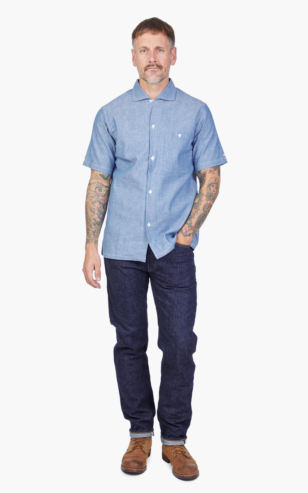 Warehouse & Co. Lot 3091 S/S Open Collar Shirt Chambray Blue