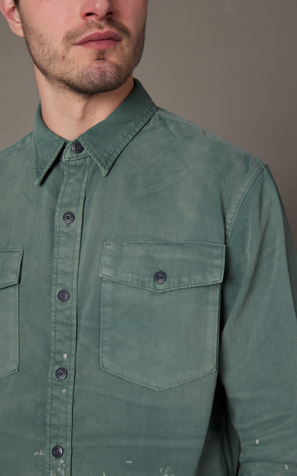 RRL Distressed Twill Workshirt Service Green | Cultizm