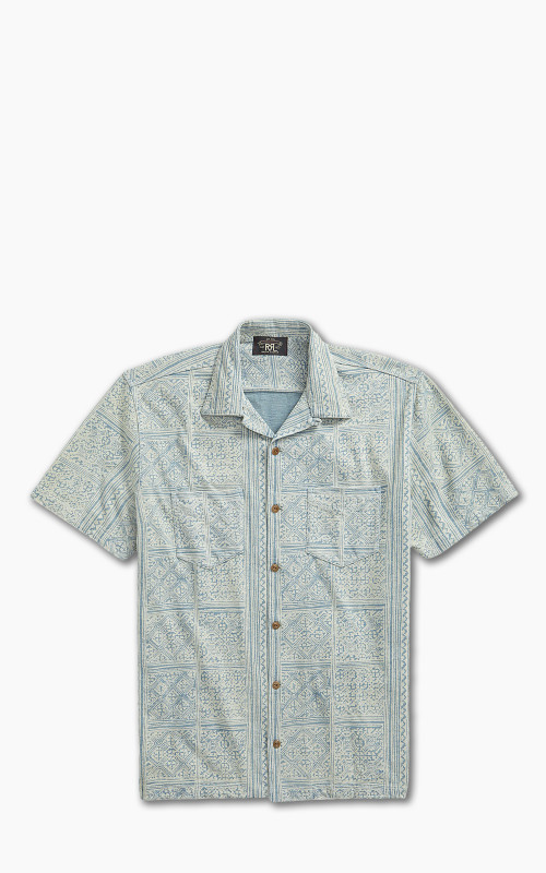 極美品 RRL Indigo Print Jersey Camp Shirt S Indigo Striped Jersey Camp Shirt