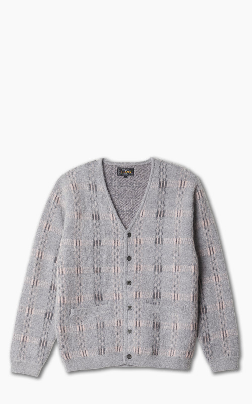 Beams Plus Cardigan Check Pattern Jacquard Mohair 9G Grey