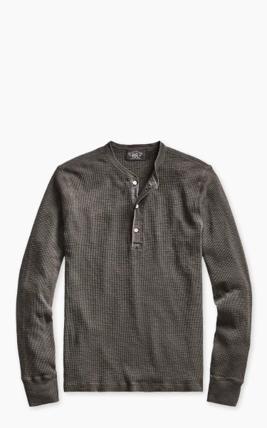 RRL Waffle-Knit L/S Cotton Henley Shirt Faded Black Canvas