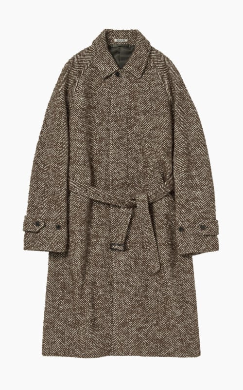 Auralee Wool Alpaca Herringbone Tweed Soutien Collar Coat Brown Herringbone