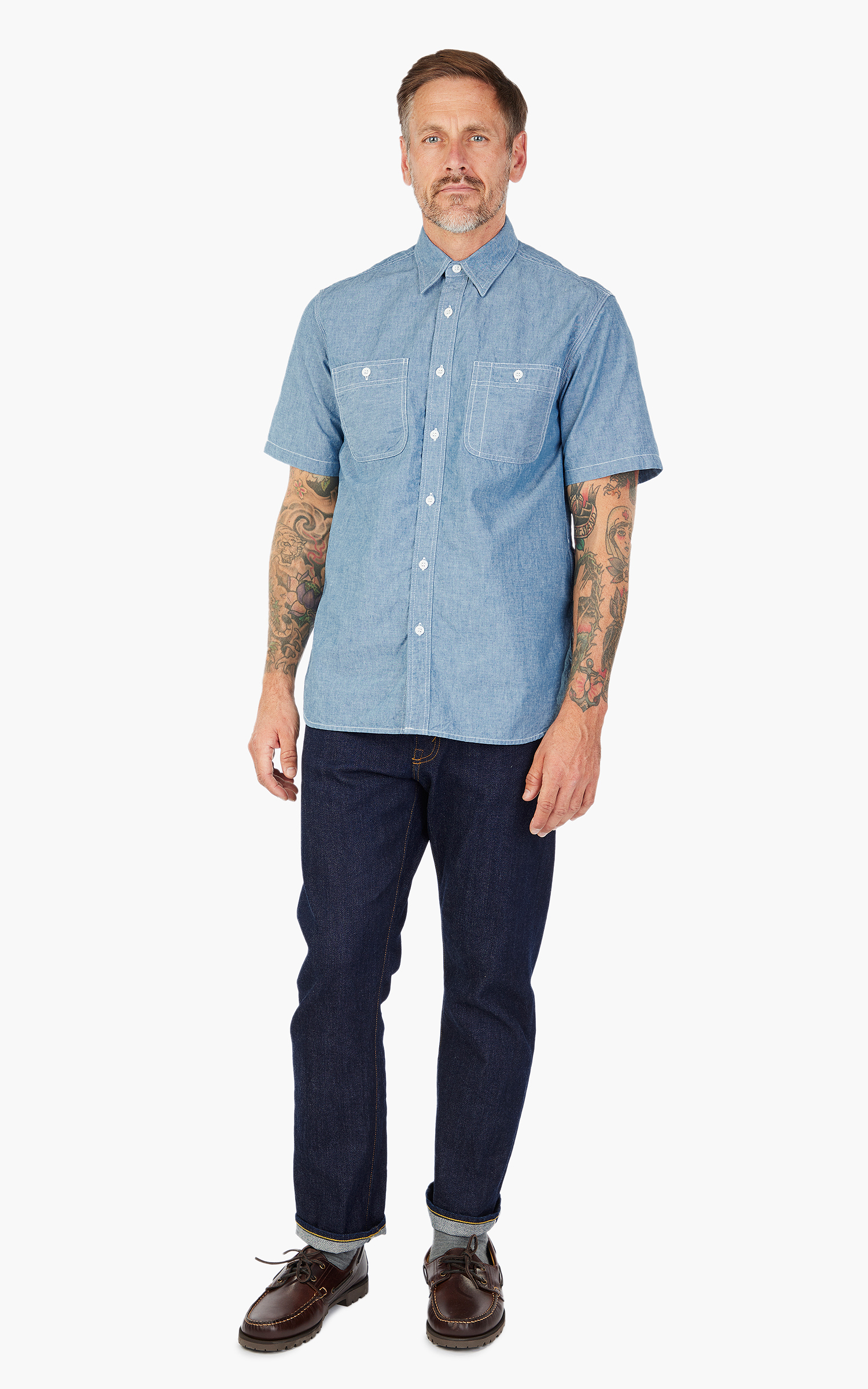 トップス BEAMS PLUS WORK Short Sleeve Chambray M BEAMS PLUS Short-sleeve Chambray Workshirt For Men | J.Crew