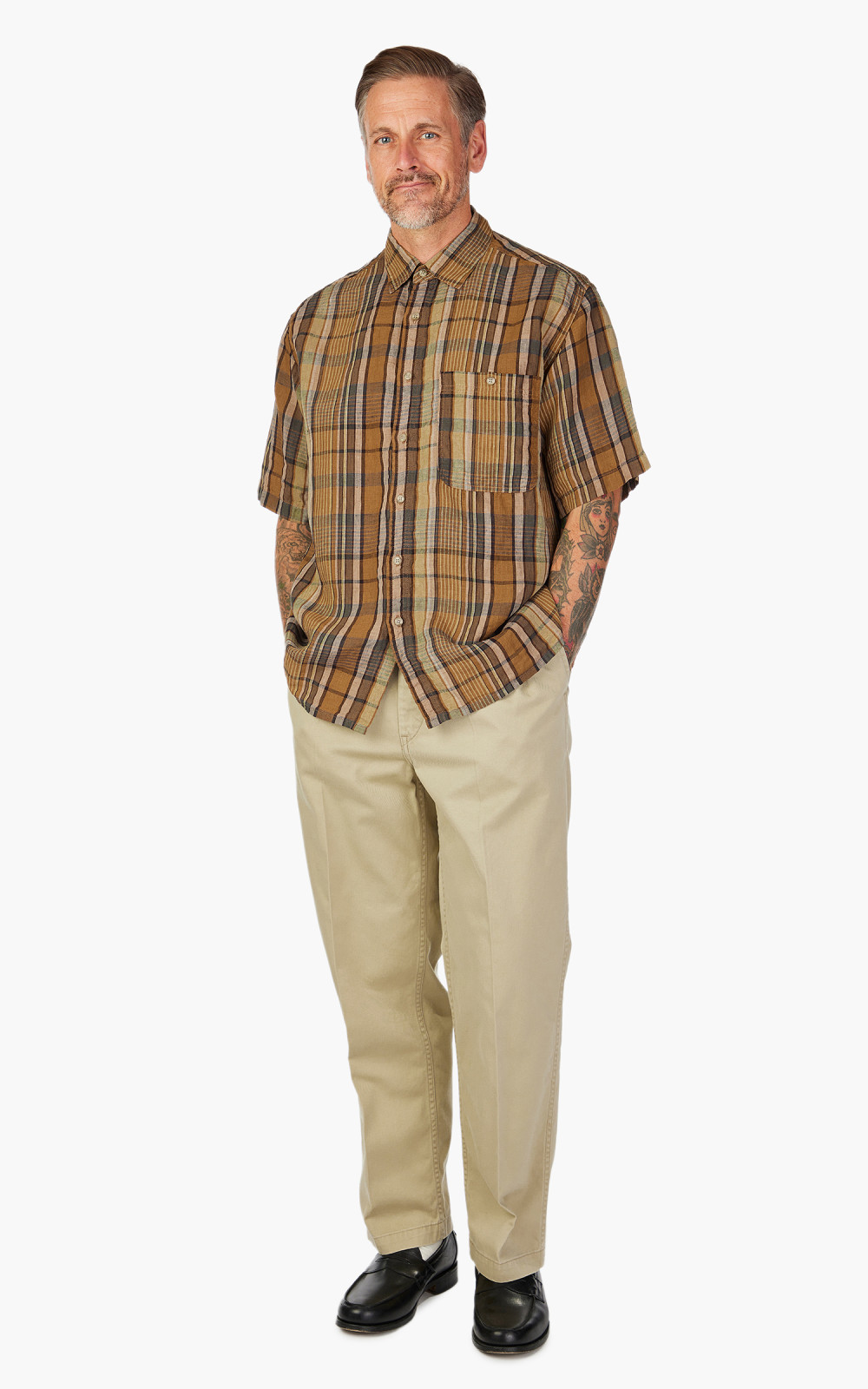OrSlow Linen Short Sleeve Shirt Orange Check | Cultizm