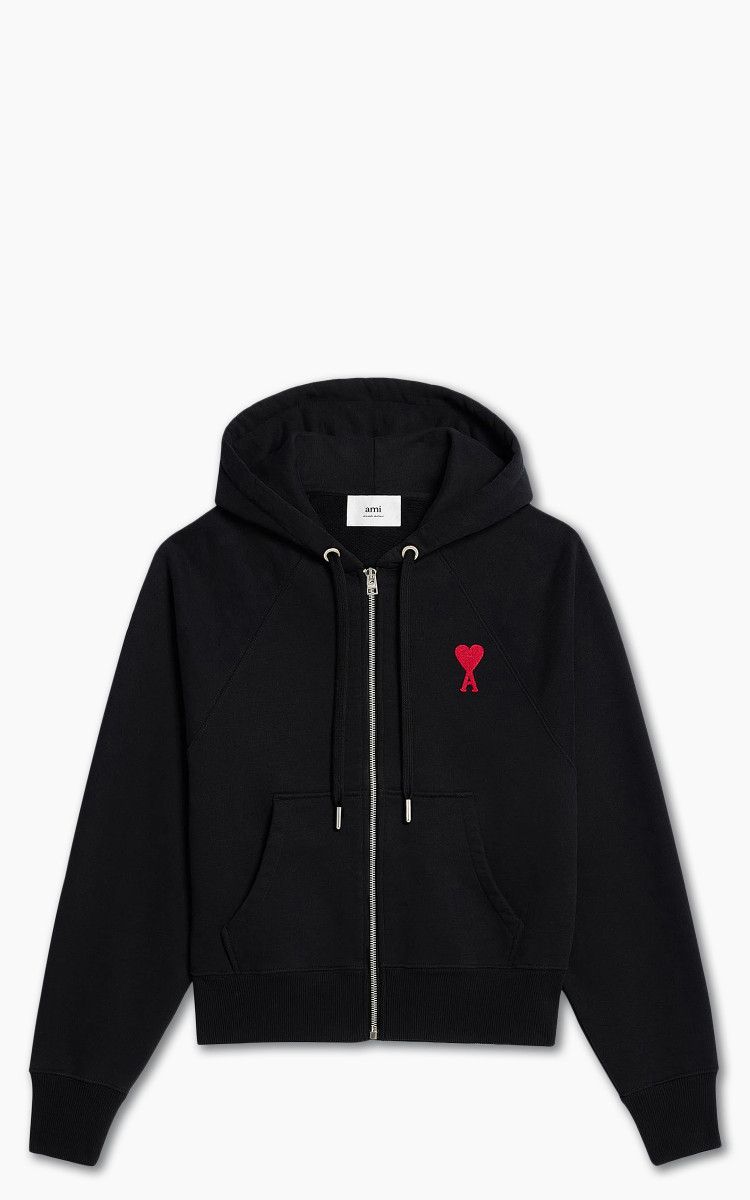 AMI Paris Tonal Zipped ADC Hoodie Black/Red | Cultizm AMI Paris Tonal Zipped ADC Hoodie Black/Red | Cultizm