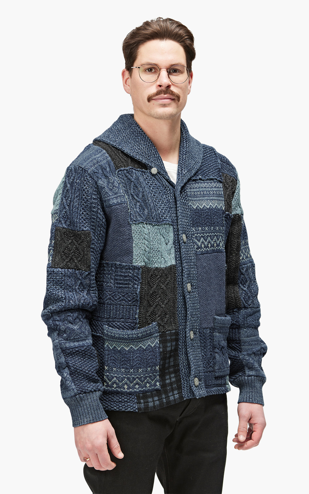 RRL Patchwork Shawl Collar Cardigan Indigo Blue | Cultizm RRL Patchwork Shawl Collar Cardigan Indigo Blue | Cultizm