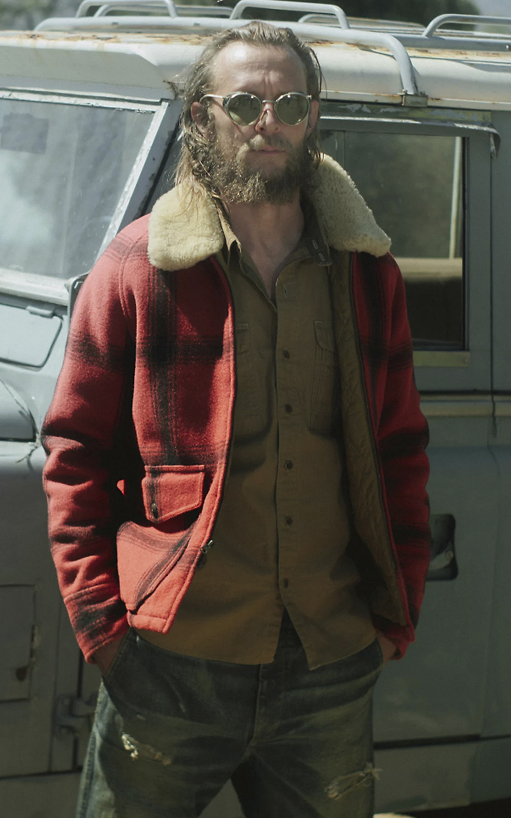 RRL Shearling-Collar Plaid Wool Jacket Red/Black Multi | Cultizm