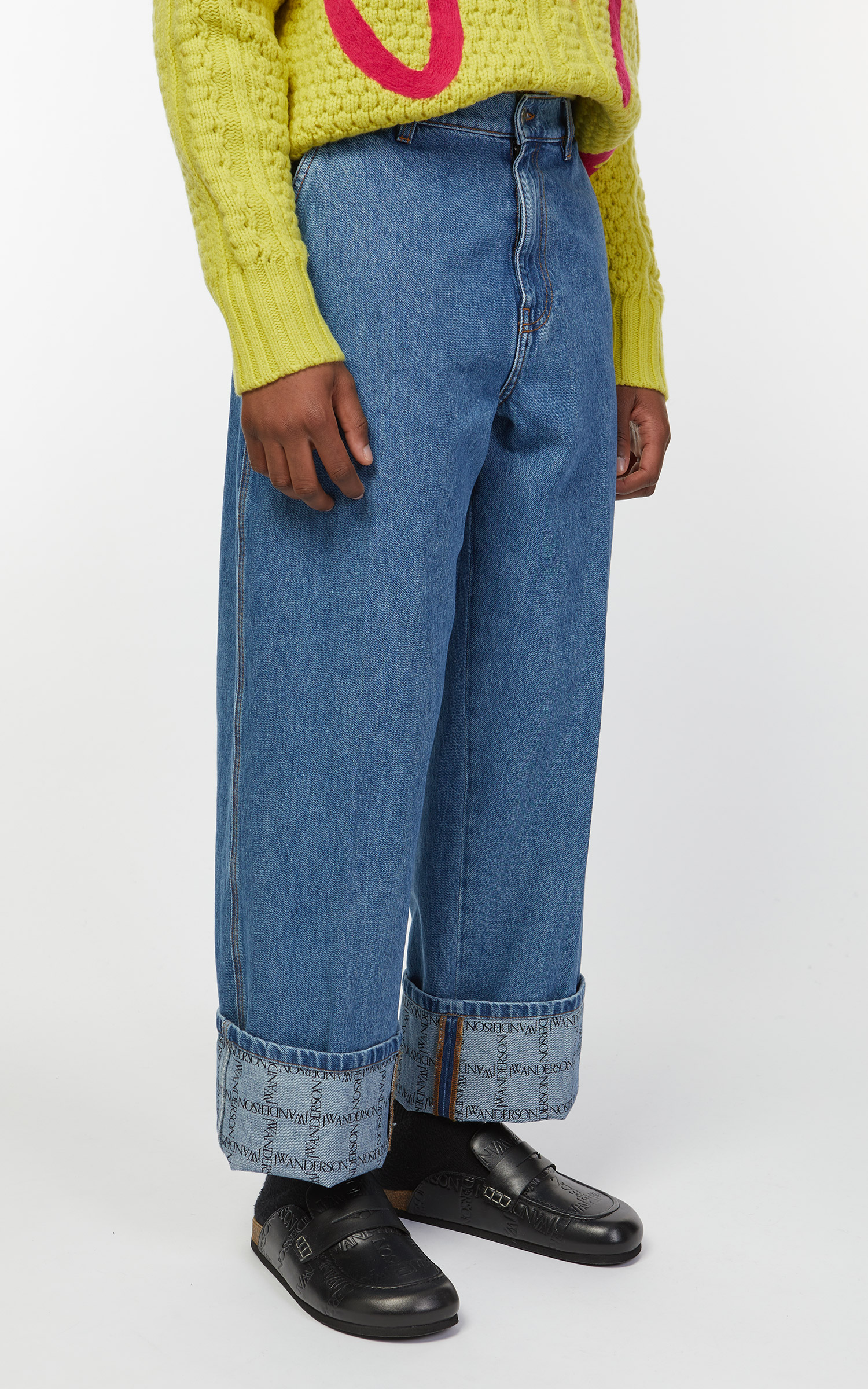 JW Anderson Logo Grid Cuff Wide Leg Jeans Blue | Cultizm