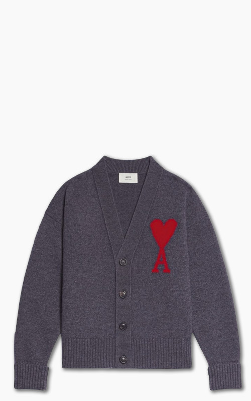 AMI Paris ADC Cardigan Heather Grey/Red