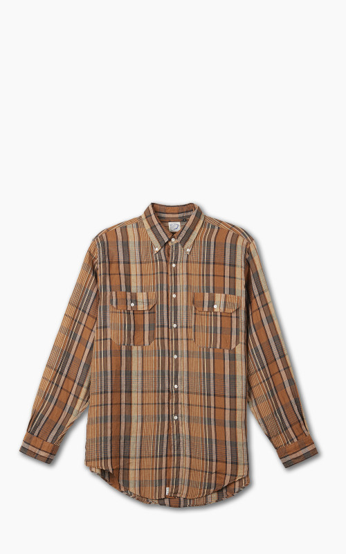 OrSlow Linen Button Down Safari Shirt Orange Check