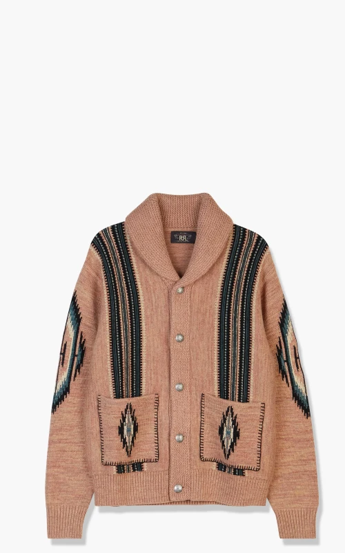 RRL Roadrunner Long Sleeve Cardigan Dusty Pink/Multi Blue