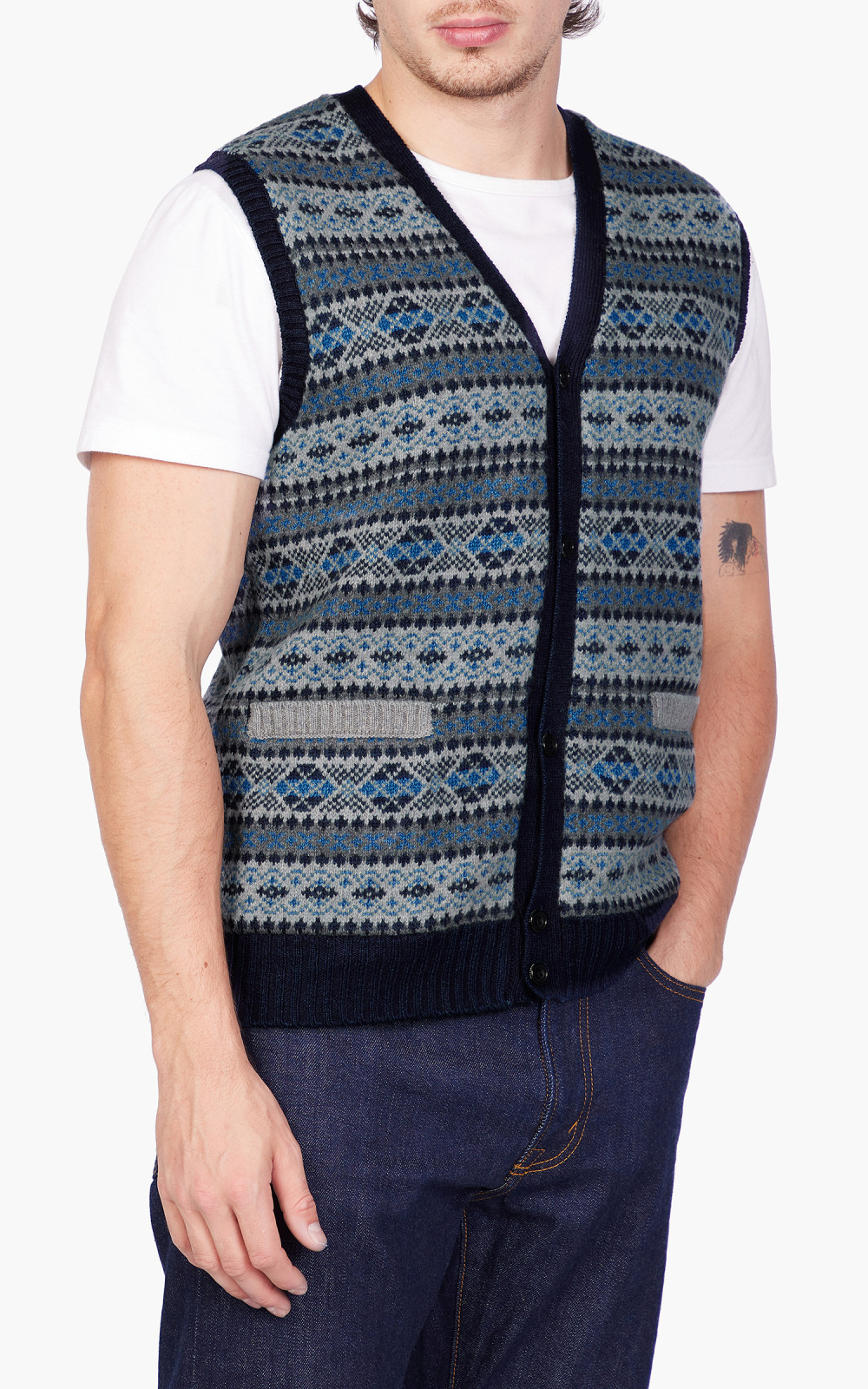 Beams Plus Indigo Fair Isle Knit Vest Grey | Cultizm Beams Plus Indigo Fair Isle Knit Vest Grey | Cultizm