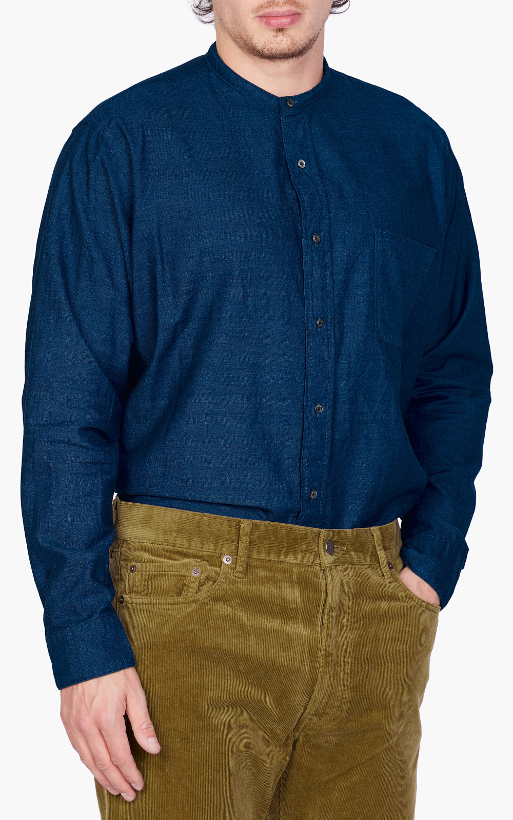 Beams Plus Classic Fit Chambray Band Collar Shirt Indigo