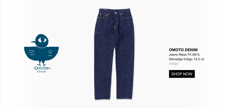 A pair of indigo blue relax fit jeans is displayed in the center. To the left is a blue bird logo with Omoto Denim text. On the right, product details and a black Shop Now button appear on a white background. 