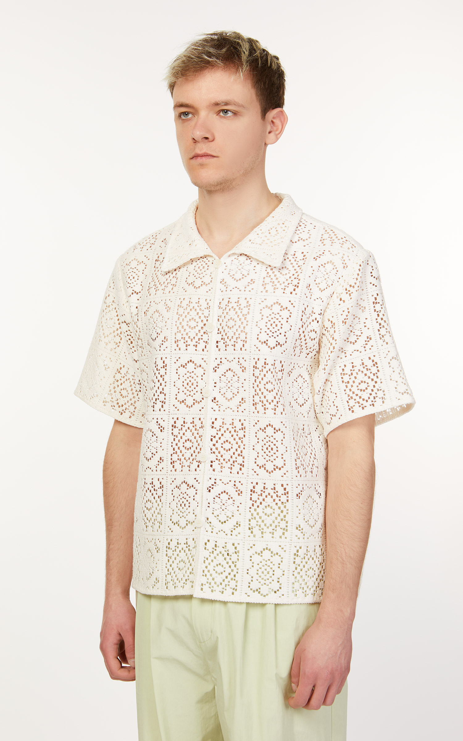安心の定価販売 STUSSY crochet SHIRT shirt ホワイトブラウン XL
