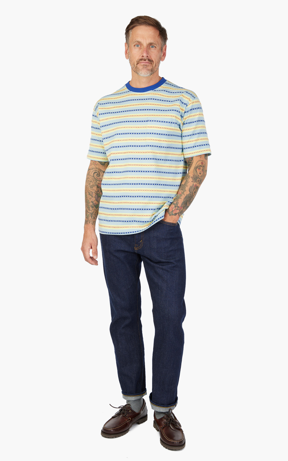 Beams Plus Jacquard Stripe Pocket T-Shirt Sax | Cultizm
