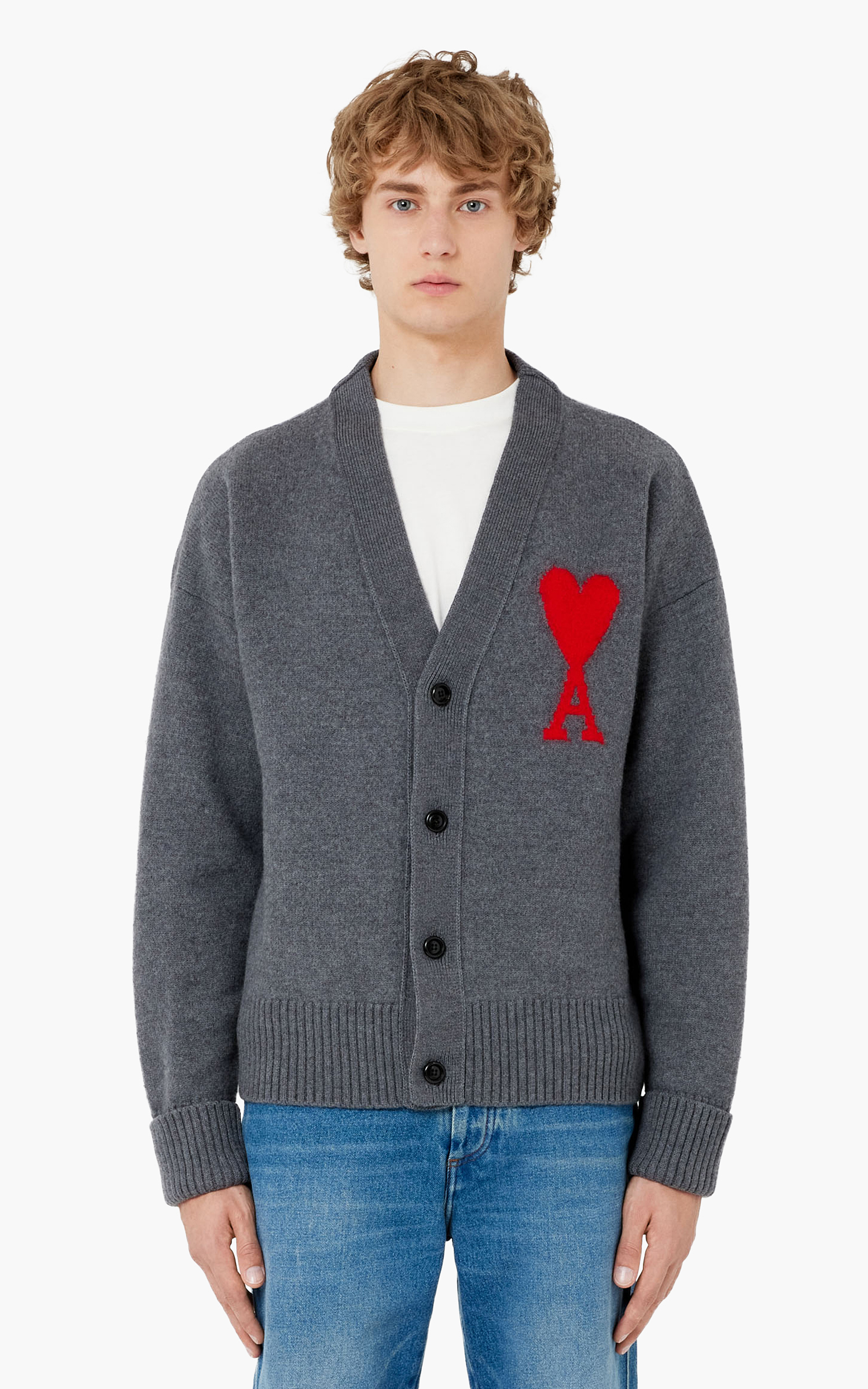 AMI Paris ADC Cardigan Heather Grey/Red | Cultizm