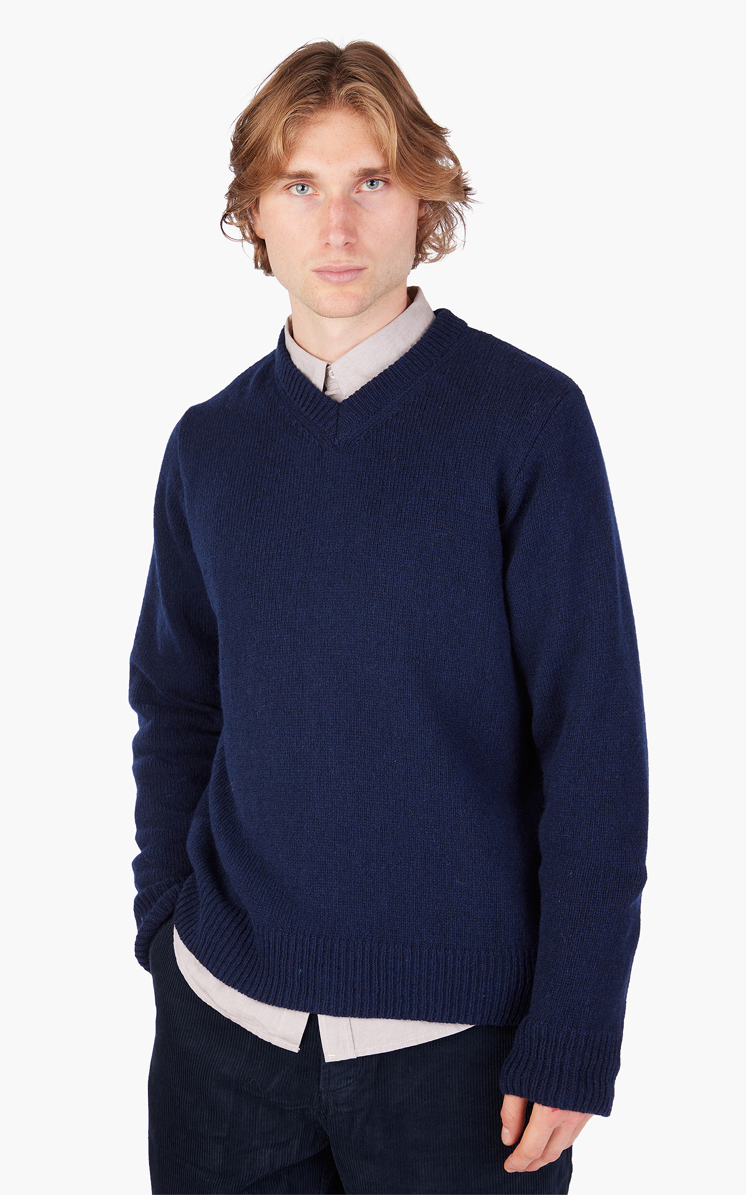Universal Works V Neck Sweater Eco Wool Navy Cultizm