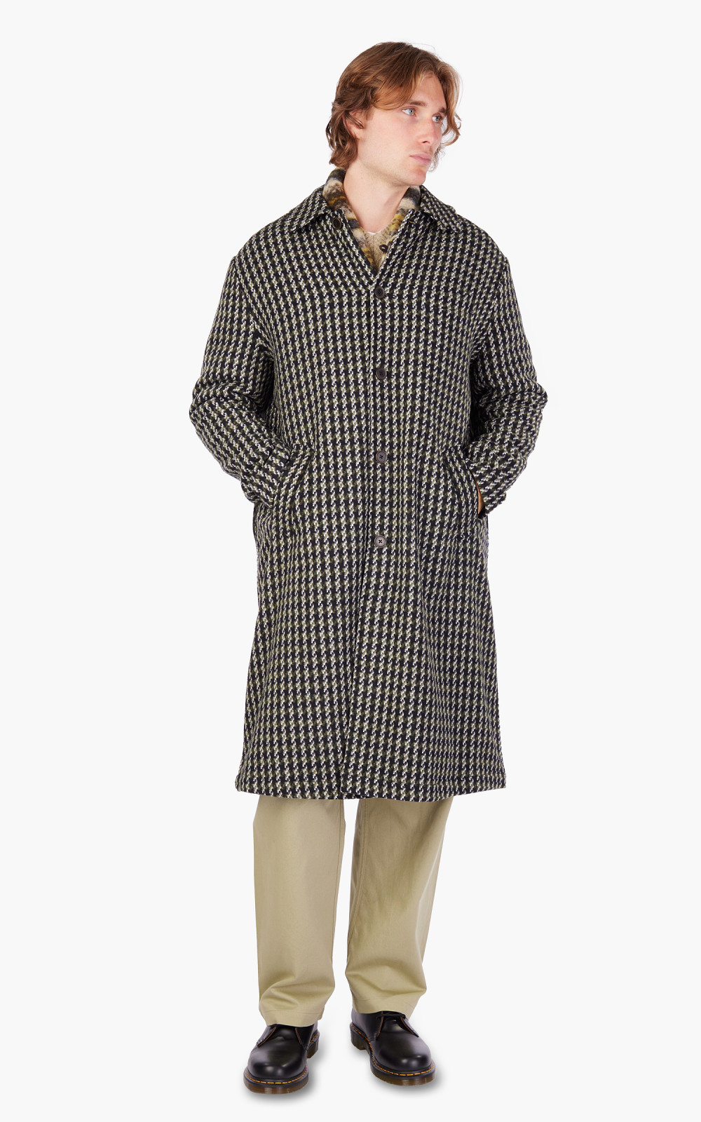 Universal Works Long Swing Overcoat Cortina Tweed Olive Cultizm