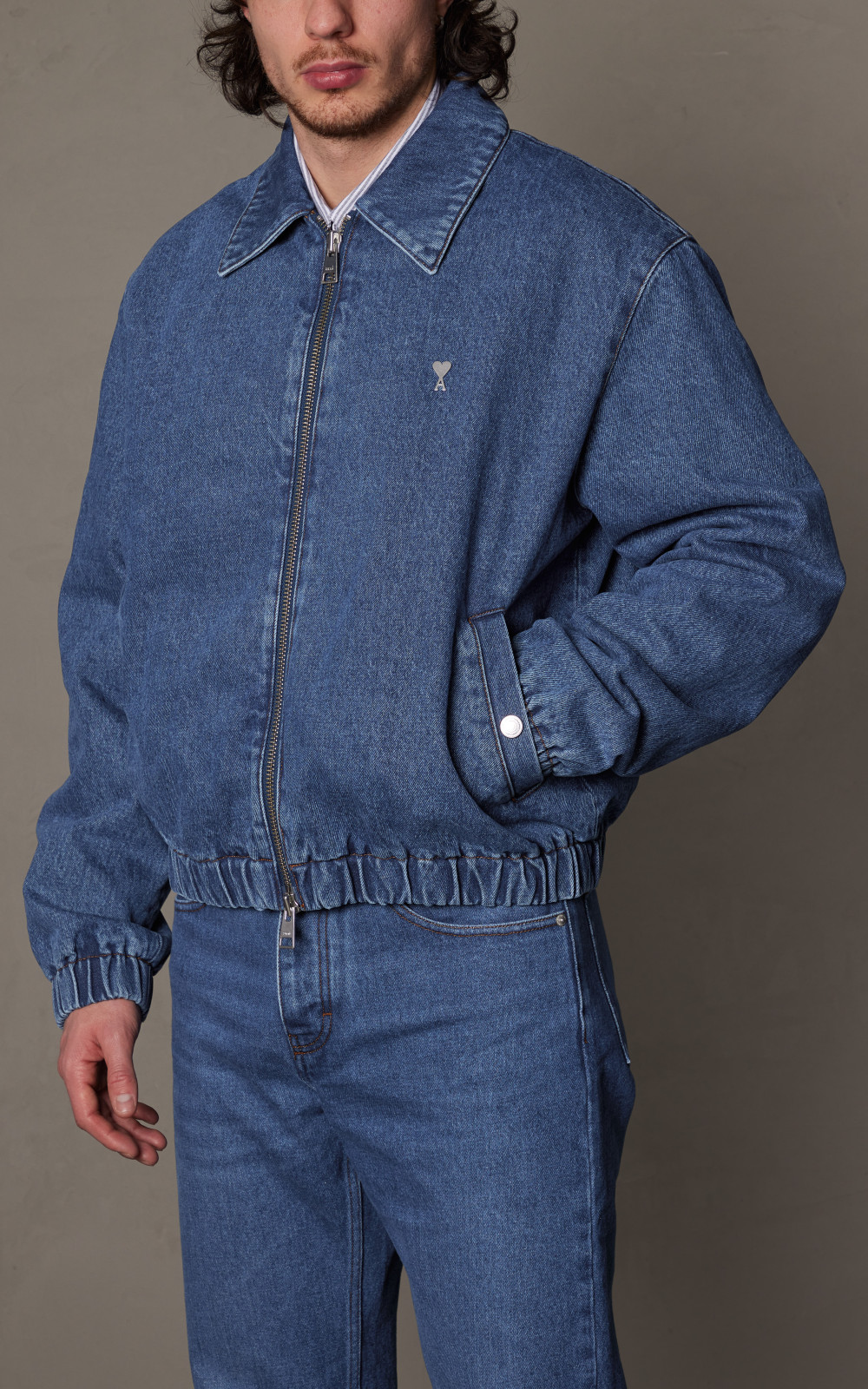 AMI Paris Ami De Coeur Zipped Denim Jacket Used Indigo | Cultizm