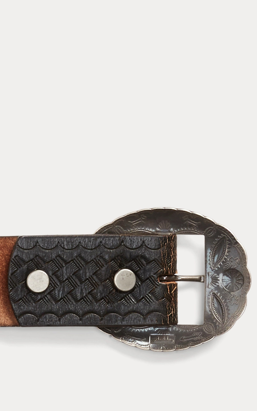 RRL Garrison Studded Leather Belt Black Over Brown | Cultizm