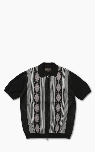 Beams Plus Ramie Cotton Jacquard Stripe Knit Polo Shirt Black