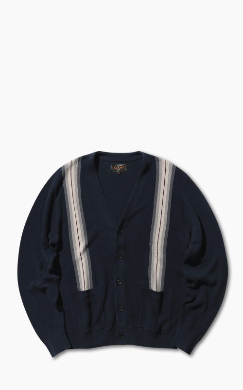 Beams Plus Cotton Jacquard Striped Cardigan Navy