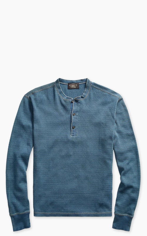RRL Indigo Jacquard-Knit L/S Henley Washed Blue Indigo