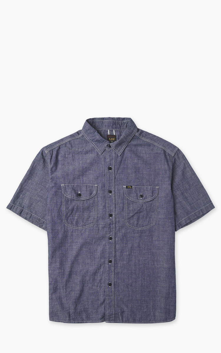 シャツ HUECLOSET Fake Denim Stitch Short Sleeve Shirt Lee 101 101 Short Sleeve Worker Shirt Rinse Chambray Blue