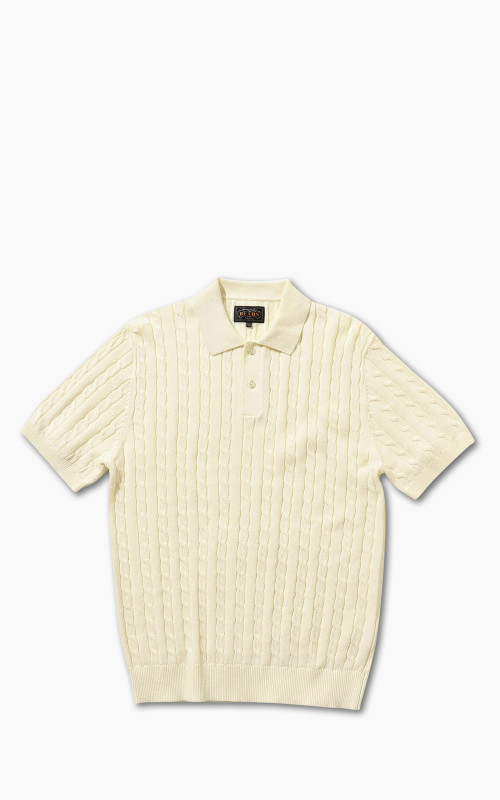 Beams Plus Linen Cotton Cable Knit Polo Shirt White