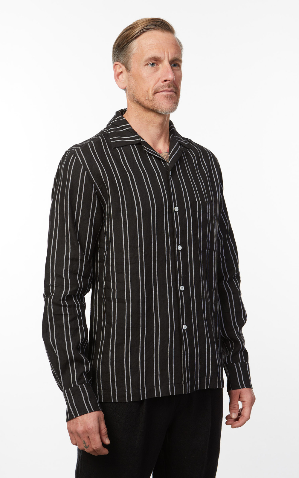 3sixteen LS Open Collar Linen Shirt Black Striped | Cultizm