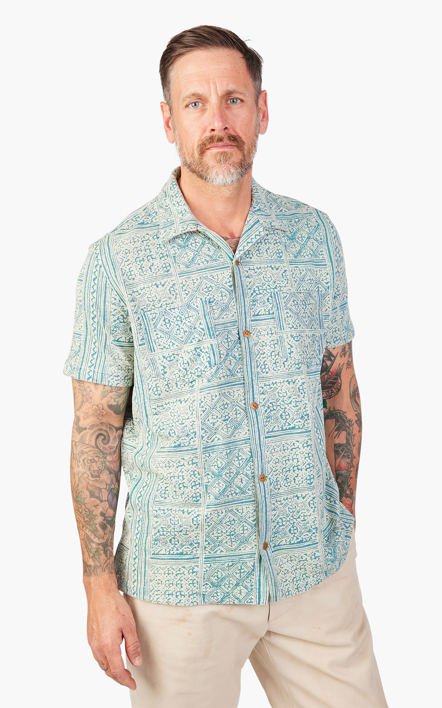 RRL Camp Shirt Print Jersey Indigo | Cultizm