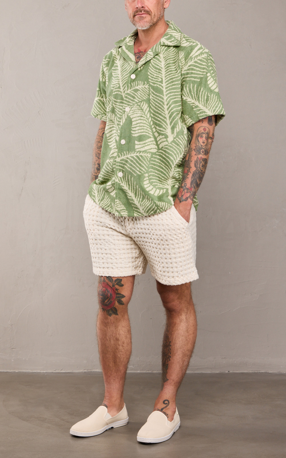 【限定値下げ】【極美品】OAS leo Cuba terry Shirt OAS: Beige & Black Leo Cuba Terry Shirt | SSENSE
