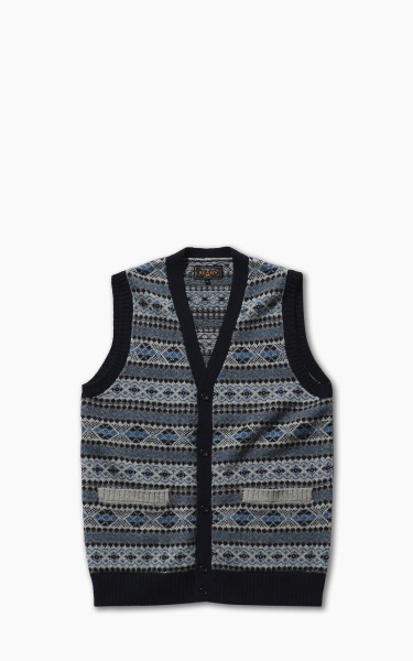 Beams Plus Indigo Fair Isle Knit Vest Grey