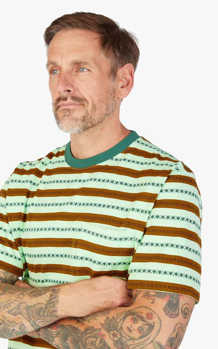 Beams Plus Jacquard Stripe Pocket T-Shirt Green | Cultizm