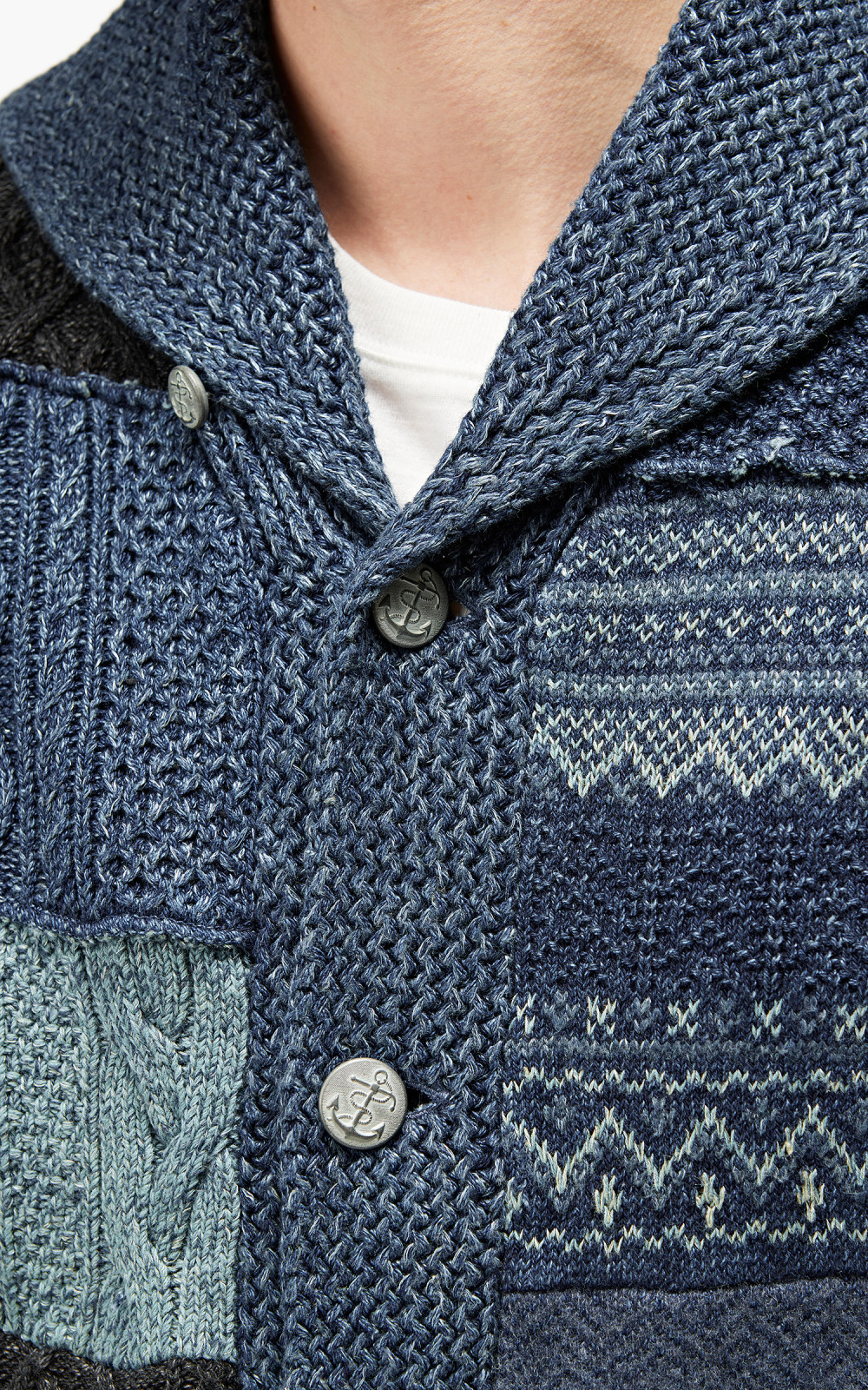 RRL Patchwork Shawl Collar Cardigan Indigo Blue Cultizm