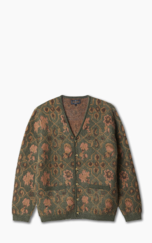 Beams Plus Cardigan Botanical Pattern Jacquard Olive